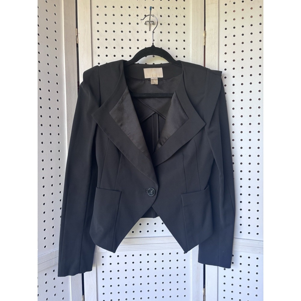 H&M Women's 6 Black One Button‎ Blazer Cropped Pointed Formal Tuxedo Jacket